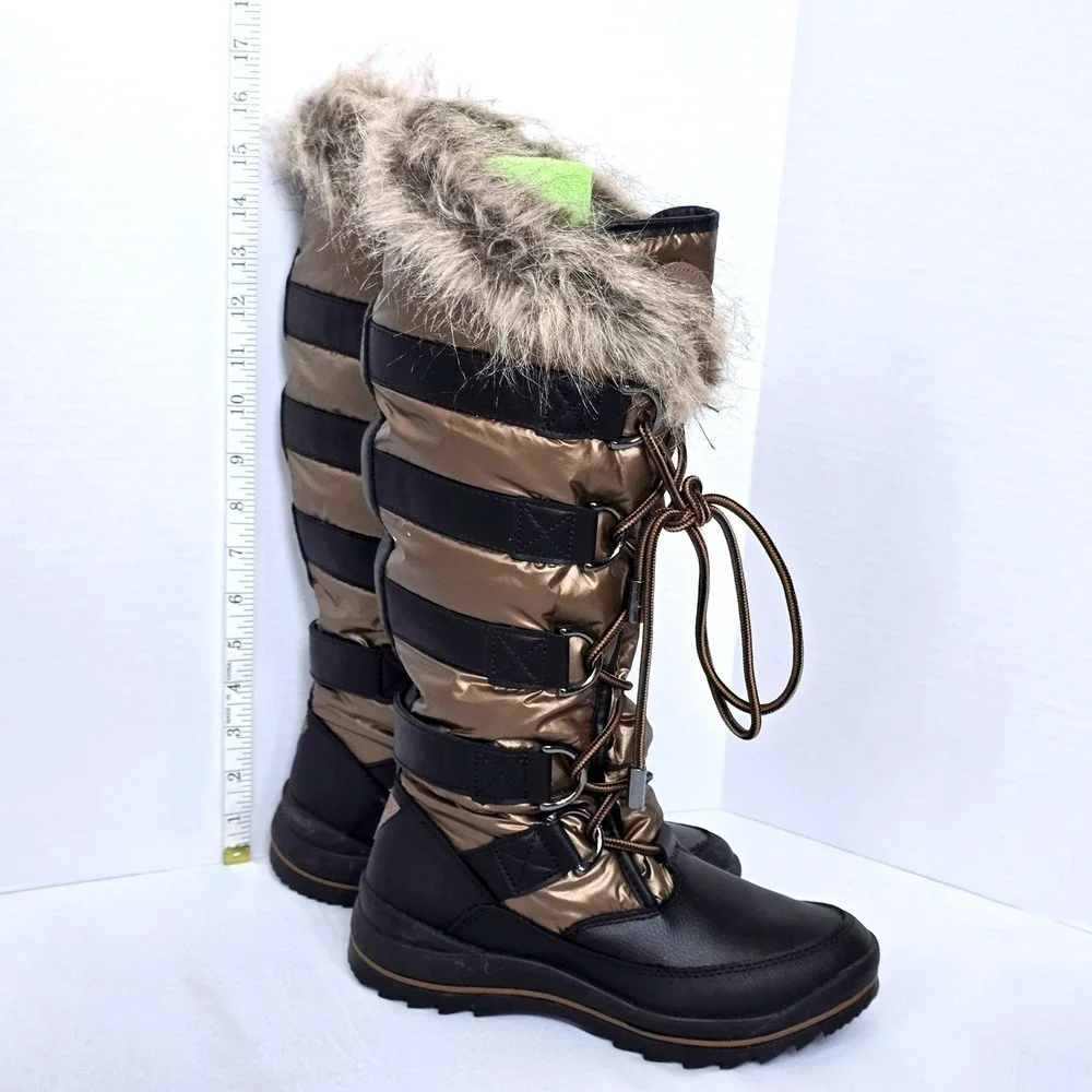 GUESS Hadly Womens Size 7M Tall Winter Boots Bronze Black Faux Fur Lace Up